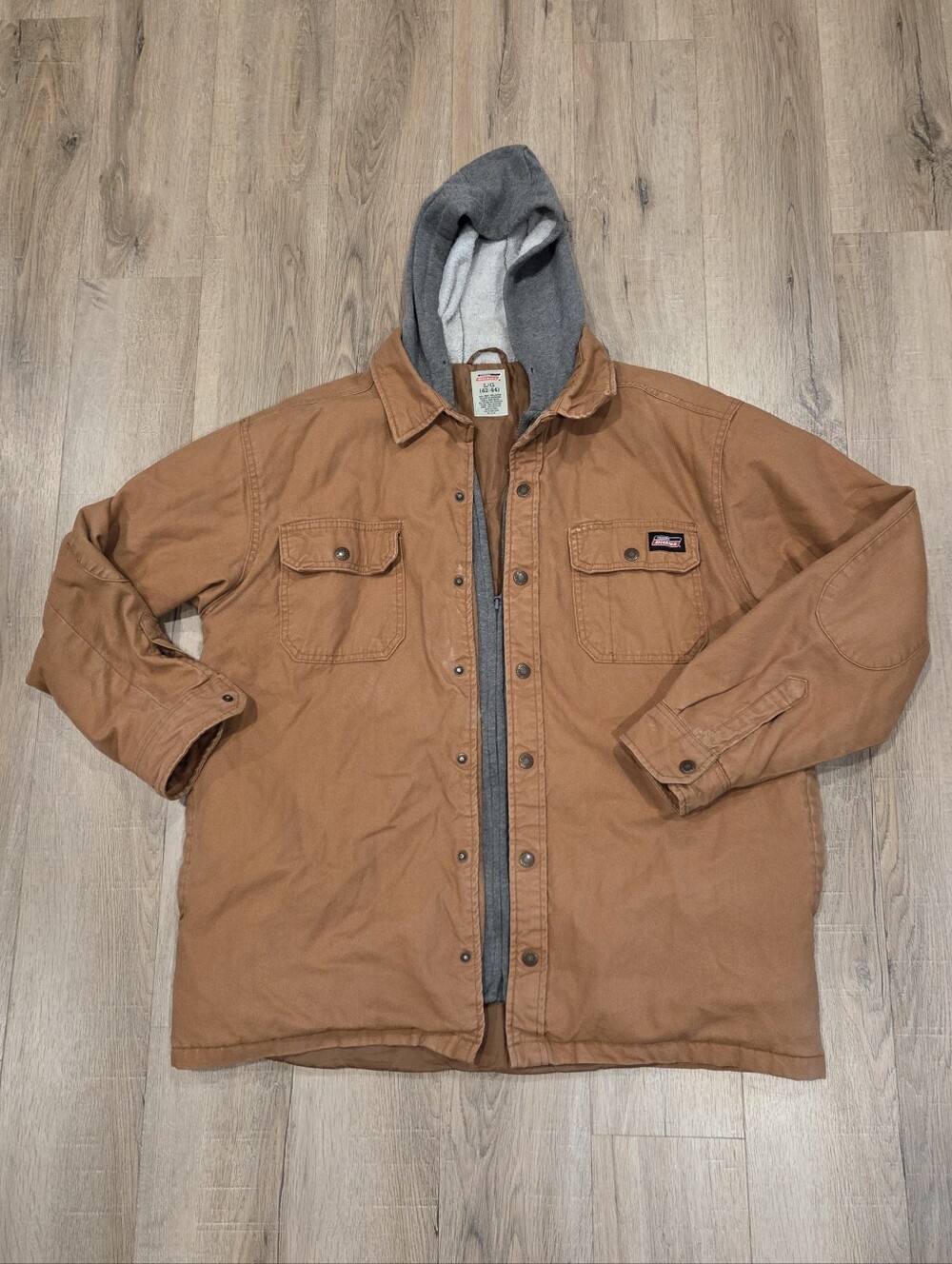 Dickies Hooded Mens Lg Canvas Duck Jacket Tan Gray Lined Workwear Coat Zip Snap